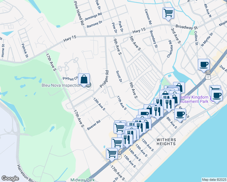 map of restaurants, bars, coffee shops, grocery stores, and more near 830 11th Avenue South in Myrtle Beach