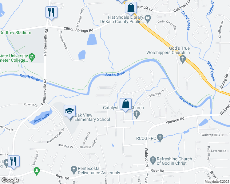 map of restaurants, bars, coffee shops, grocery stores, and more near 2103 Waldrop Place in Decatur
