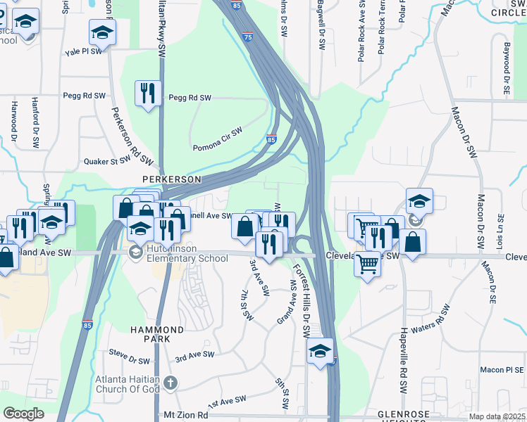 map of restaurants, bars, coffee shops, grocery stores, and more near 2585 Beeler Drive Southwest in Atlanta