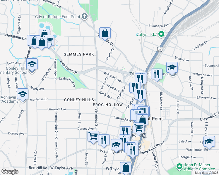 map of restaurants, bars, coffee shops, grocery stores, and more near 2611 Oak Street in Atlanta