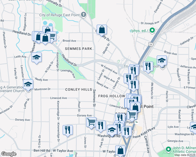 map of restaurants, bars, coffee shops, grocery stores, and more near 1782 West Ware Avenue in East Point