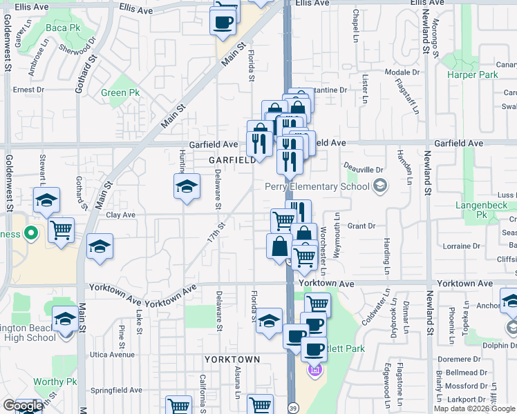 map of restaurants, bars, coffee shops, grocery stores, and more near 19181 Coenson Circle in Huntington Beach