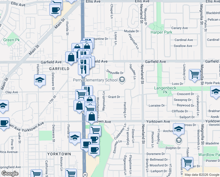 map of restaurants, bars, coffee shops, grocery stores, and more near 19201 Sherborne Lane in Huntington Beach