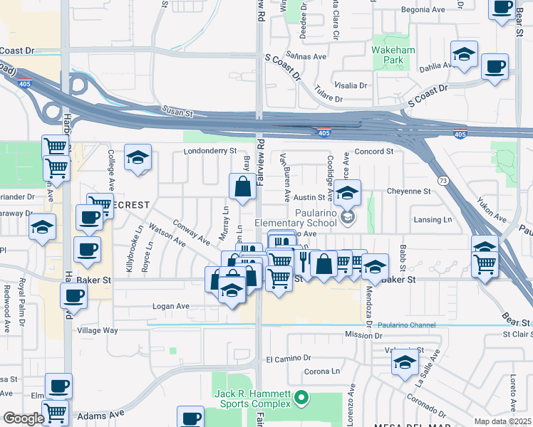 map of restaurants, bars, coffee shops, grocery stores, and more near in Costa Mesa