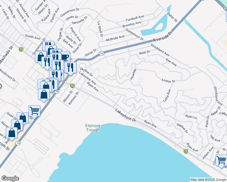 map of restaurants, bars, coffee shops, grocery stores, and more near Lakeview Avenue in Lake Elsinore