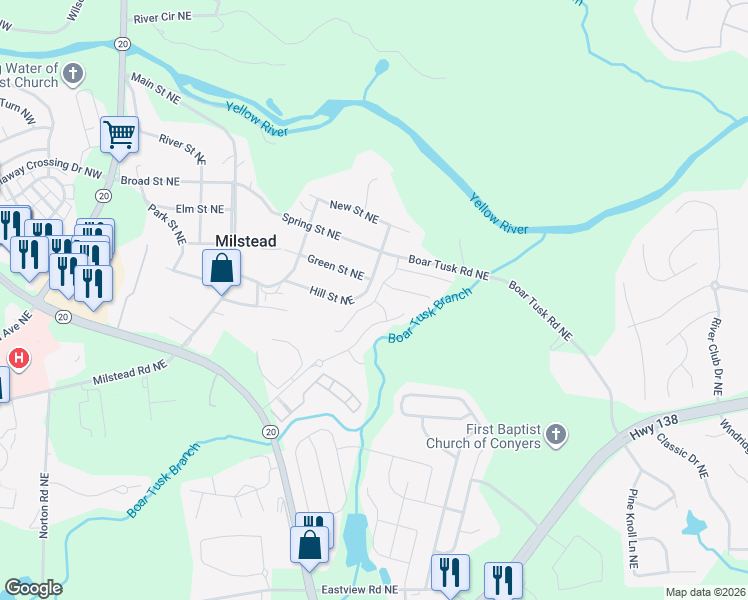 map of restaurants, bars, coffee shops, grocery stores, and more near 1801 Green Street Northeast in Conyers