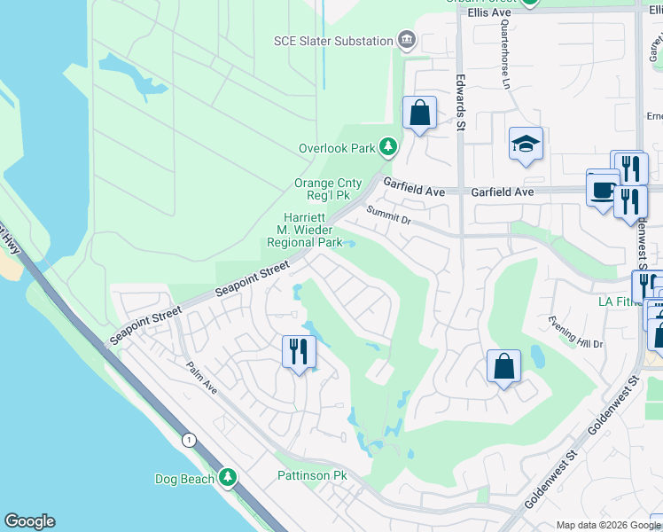 map of restaurants, bars, coffee shops, grocery stores, and more near 6276 Morningside Drive in Huntington Beach