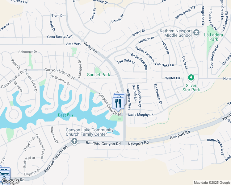 map of restaurants, bars, coffee shops, grocery stores, and more near 30105 Skipjack Drive in Canyon Lake