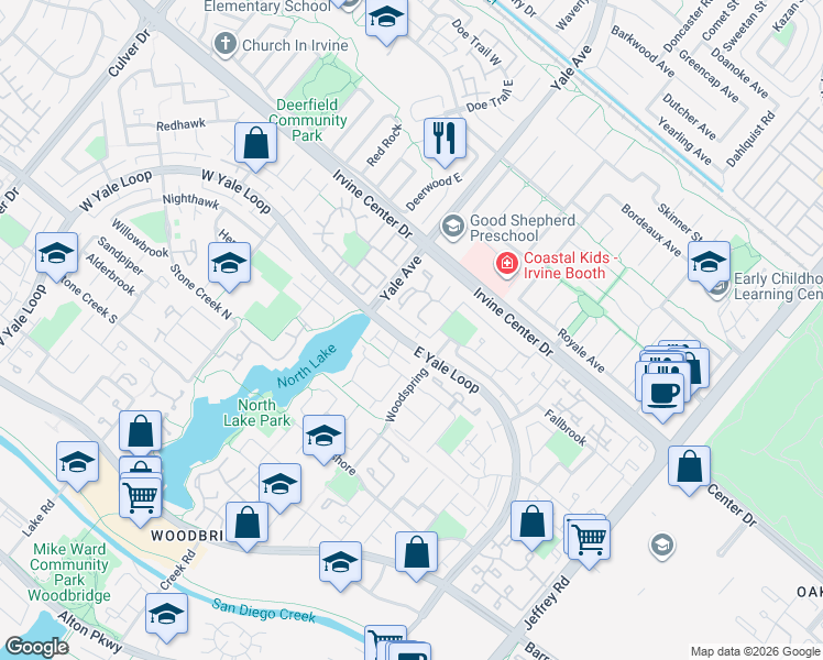 map of restaurants, bars, coffee shops, grocery stores, and more near 16 Acorn in Irvine