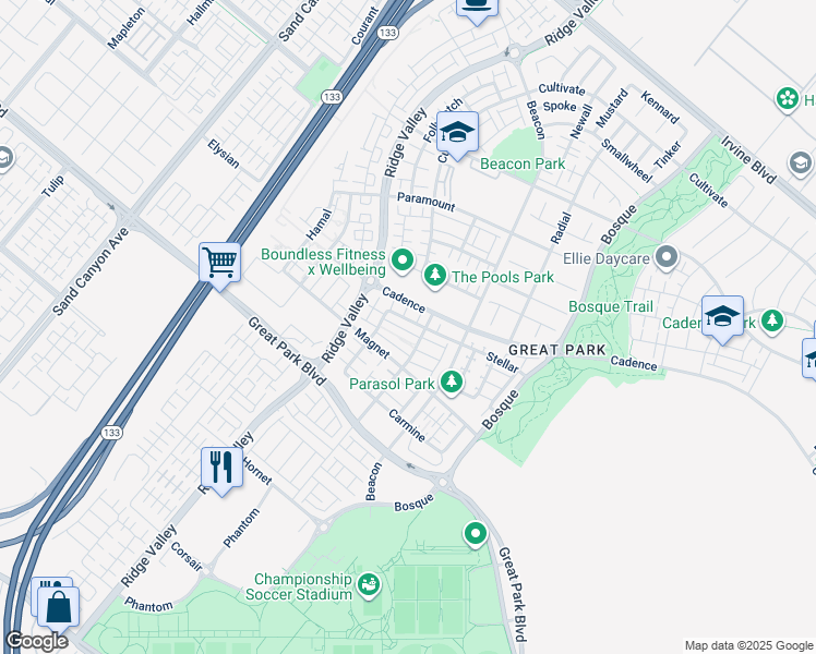 map of restaurants, bars, coffee shops, grocery stores, and more near 126 Stellar in Irvine