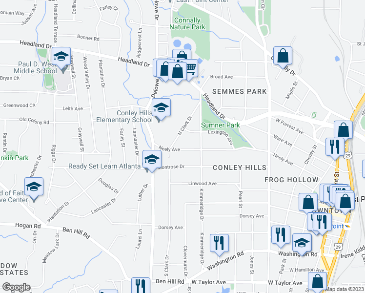 map of restaurants, bars, coffee shops, grocery stores, and more near 2033 Neely Avenue in East Point