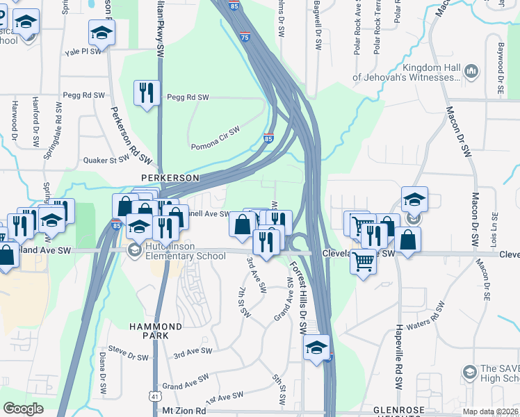 map of restaurants, bars, coffee shops, grocery stores, and more near 2585 Beeler Drive Southwest in Atlanta
