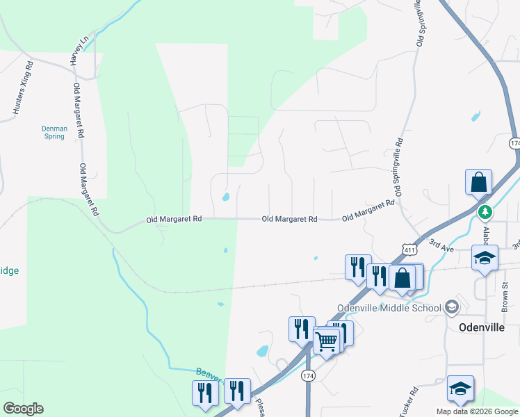 map of restaurants, bars, coffee shops, grocery stores, and more near 85 Hillcrest Street in Odenville