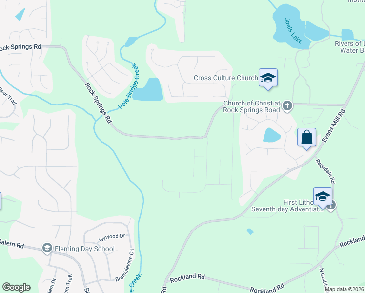 map of restaurants, bars, coffee shops, grocery stores, and more near 6205 Rock Springs Road in Stonecrest