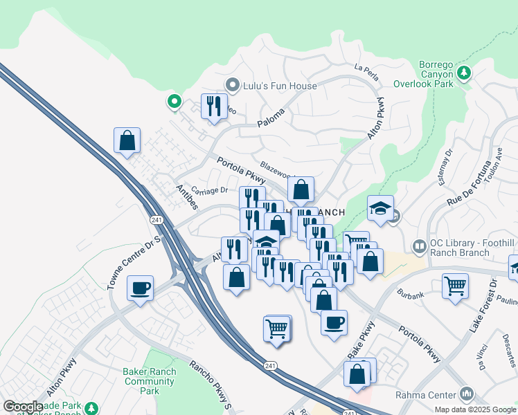 map of restaurants, bars, coffee shops, grocery stores, and more near 12 Belcrest in Lake Forest