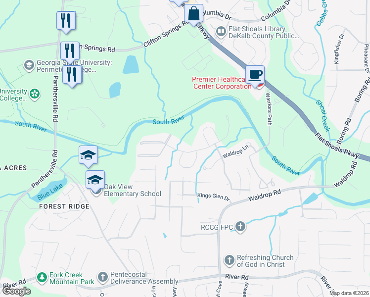 map of restaurants, bars, coffee shops, grocery stores, and more near 3457 Waldrop Trail in Decatur