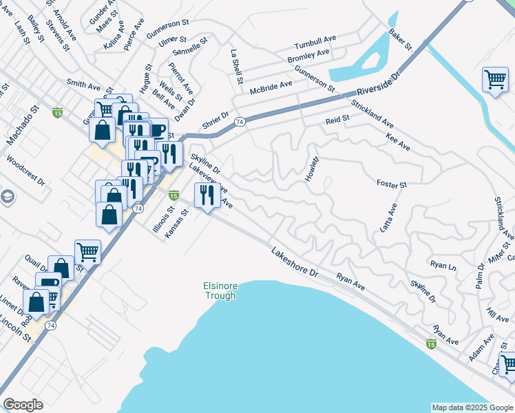 map of restaurants, bars, coffee shops, grocery stores, and more near Lakeview Avenue in Lake Elsinore