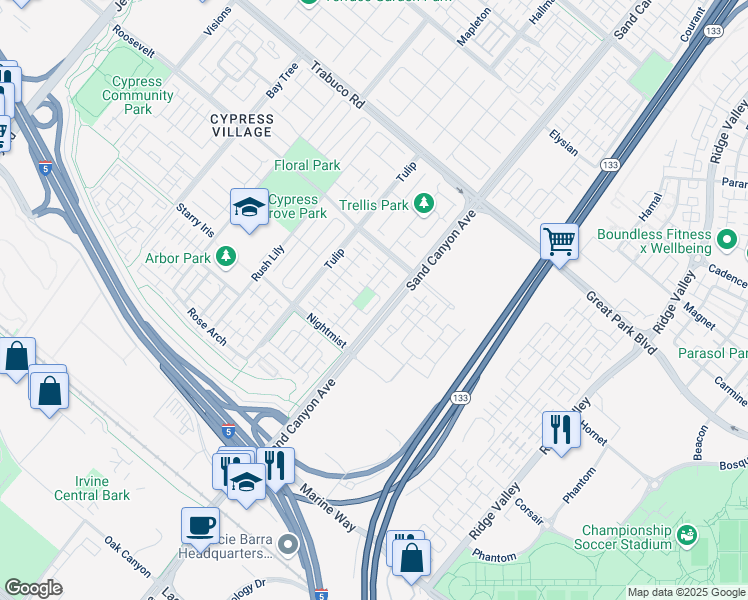 map of restaurants, bars, coffee shops, grocery stores, and more near 65 Zen Garden in Irvine