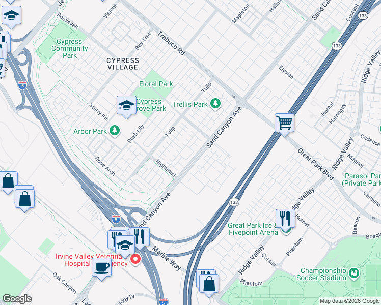 map of restaurants, bars, coffee shops, grocery stores, and more near 65 Zen Garden in Irvine