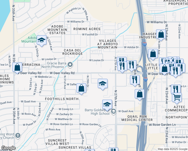 map of restaurants, bars, coffee shops, grocery stores, and more near 2818 West Deer Valley Road in Phoenix