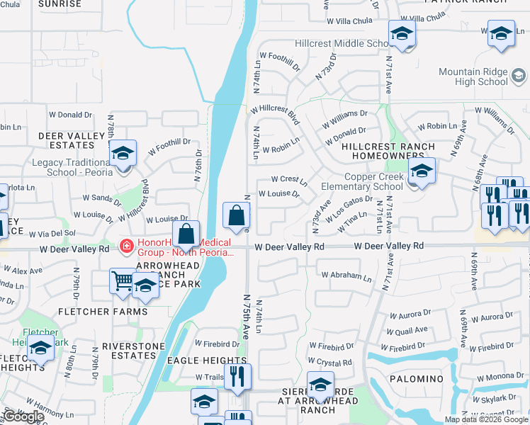 map of restaurants, bars, coffee shops, grocery stores, and more near 7452 West Los Gatos Drive in Glendale