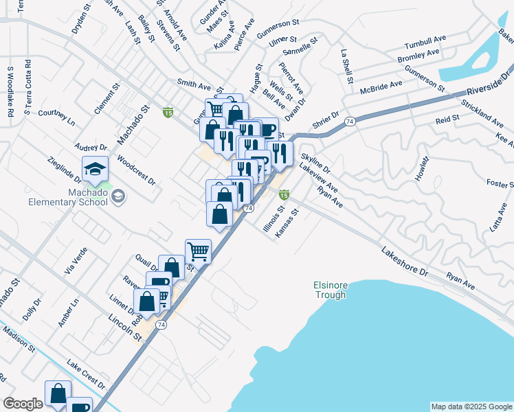 map of restaurants, bars, coffee shops, grocery stores, and more near 31087 Riverside Drive in Lake Elsinore