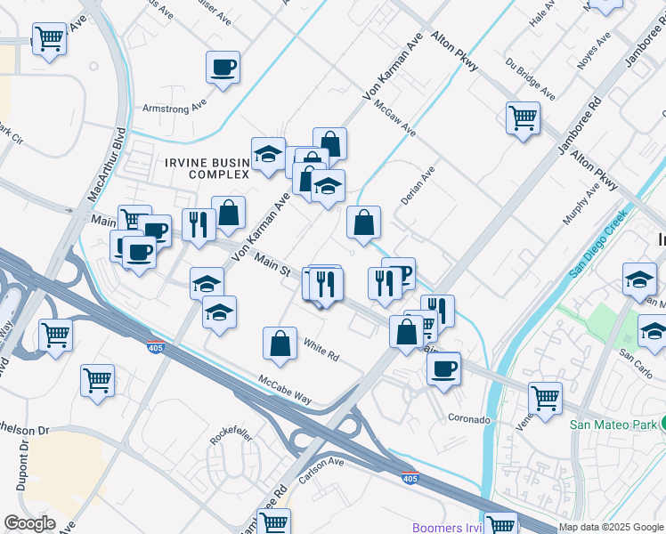 map of restaurants, bars, coffee shops, grocery stores, and more near 17600 Cartwright Road in Irvine
