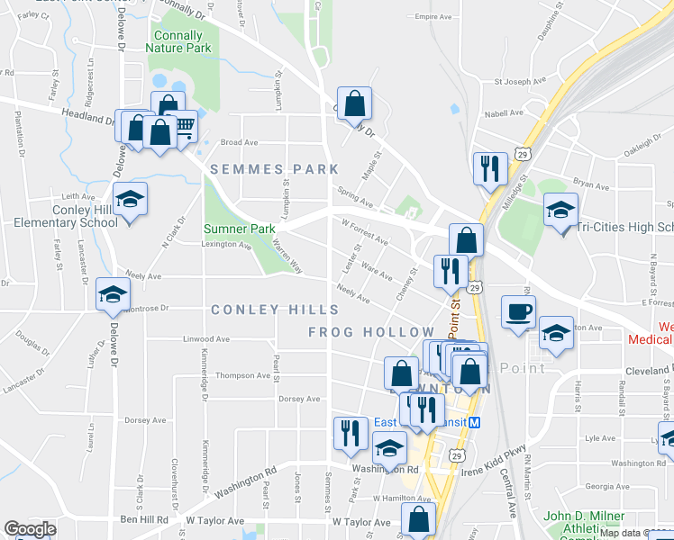 map of restaurants, bars, coffee shops, grocery stores, and more near 2637 Lester Street in Atlanta