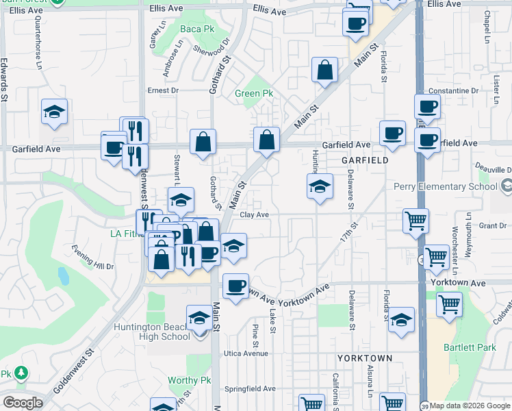 map of restaurants, bars, coffee shops, grocery stores, and more near 19239 Tideline Court in Huntington Beach