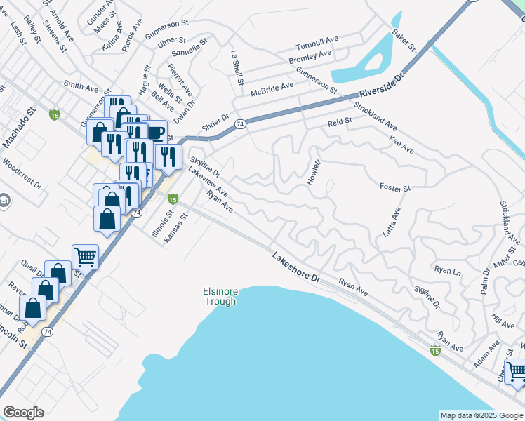 map of restaurants, bars, coffee shops, grocery stores, and more near Lakeview Avenue in Lake Elsinore