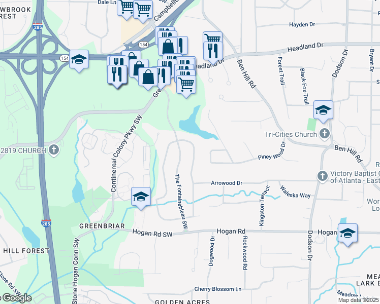 map of restaurants, bars, coffee shops, grocery stores, and more near 2641 Black Forest Trail Southwest in Atlanta