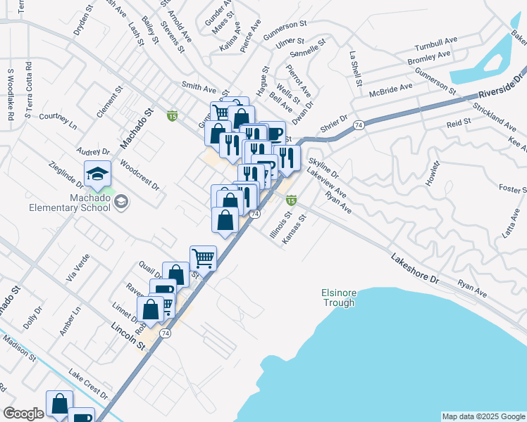 map of restaurants, bars, coffee shops, grocery stores, and more near 31120 Riverside Drive in Lake Elsinore
