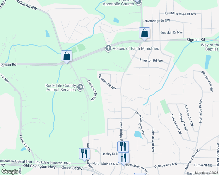 map of restaurants, bars, coffee shops, grocery stores, and more near 1166 Pinedale Circle Northwest in Conyers