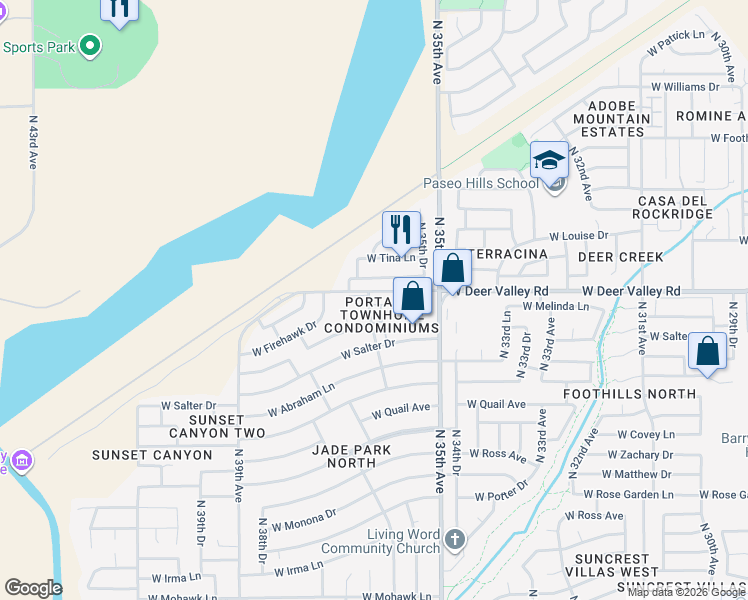 map of restaurants, bars, coffee shops, grocery stores, and more near 3551 West Via Del Sol Drive in Glendale