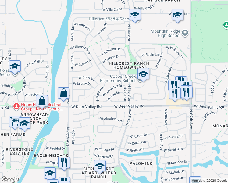 map of restaurants, bars, coffee shops, grocery stores, and more near 7215 West Los Gatos Drive in Glendale