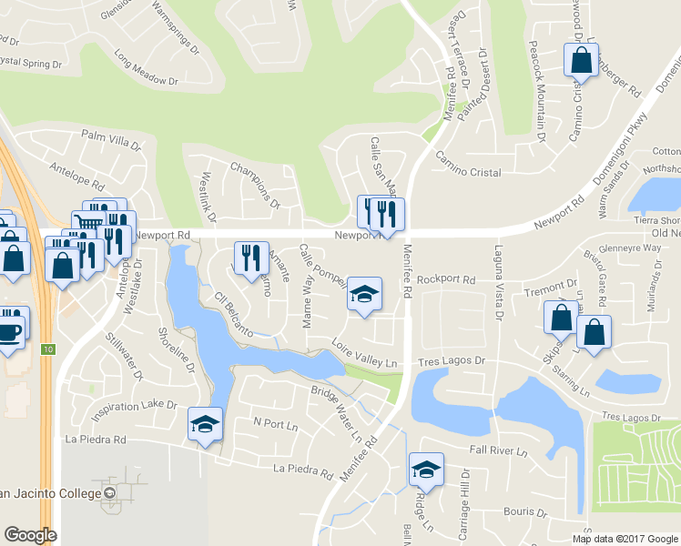 map of restaurants, bars, coffee shops, grocery stores, and more near 28844 Somme Court in Menifee