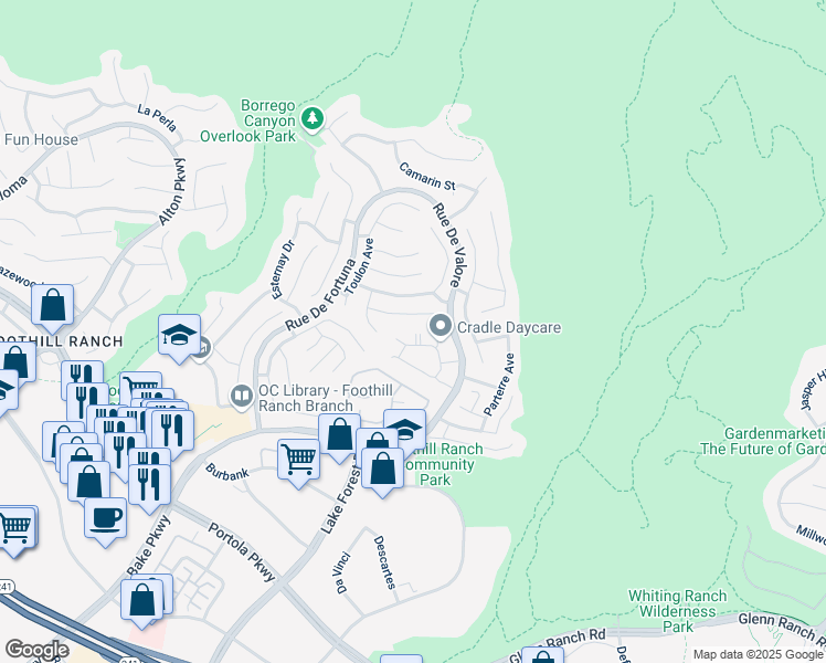 map of restaurants, bars, coffee shops, grocery stores, and more near 20 Marseille Way in Lake Forest