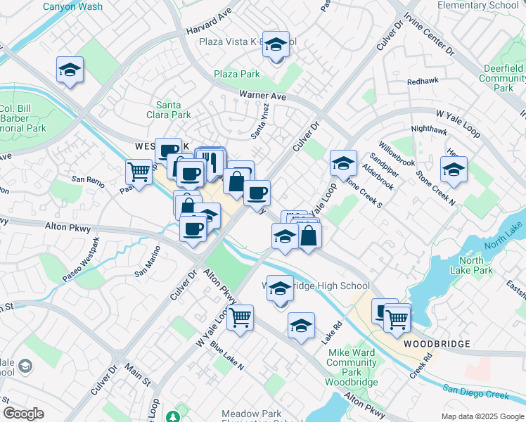 map of restaurants, bars, coffee shops, grocery stores, and more near 18 Pinestone in Irvine
