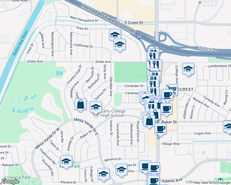 map of restaurants, bars, coffee shops, grocery stores, and more near 3118 Gibraltar Avenue in Costa Mesa