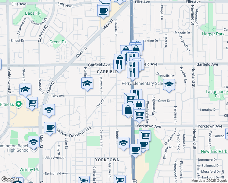 map of restaurants, bars, coffee shops, grocery stores, and more near 19182 17th Street in Huntington Beach