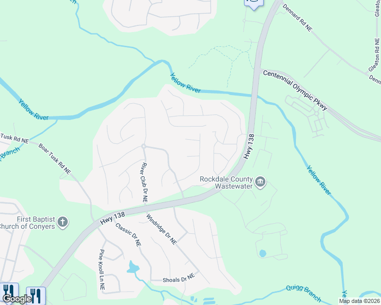 map of restaurants, bars, coffee shops, grocery stores, and more near 2377 Brianna Avenue Northeast in Conyers
