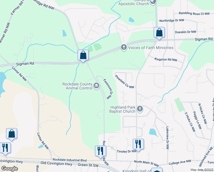 map of restaurants, bars, coffee shops, grocery stores, and more near 1524 Eastmont Drive Northwest in Conyers