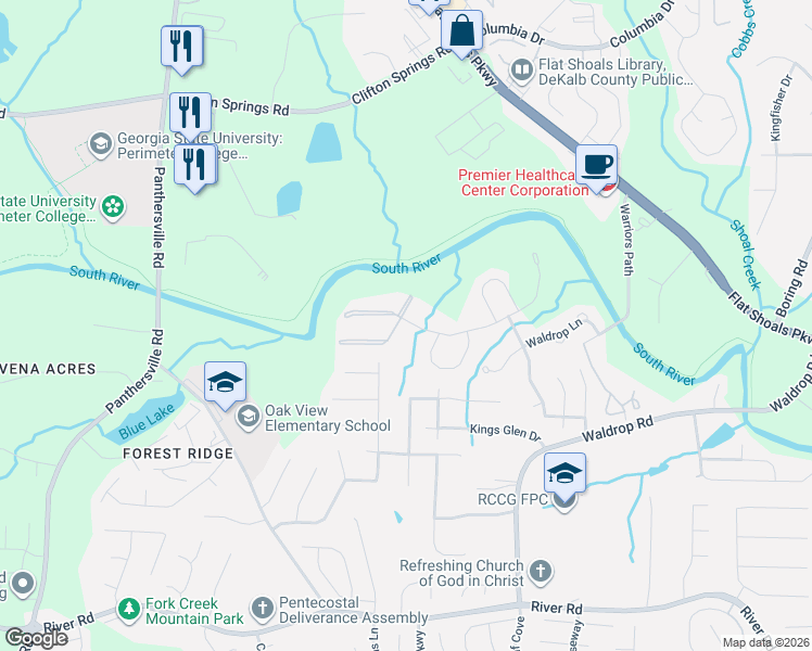 map of restaurants, bars, coffee shops, grocery stores, and more near 2103 Waldrop Place in Decatur