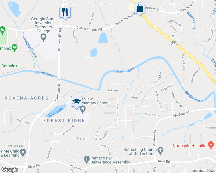 map of restaurants, bars, coffee shops, grocery stores, and more near 16102 Waldrop Cove in Decatur