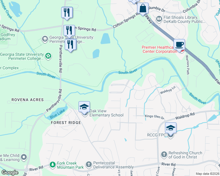 map of restaurants, bars, coffee shops, grocery stores, and more near 16104 Waldrop Cove in Decatur