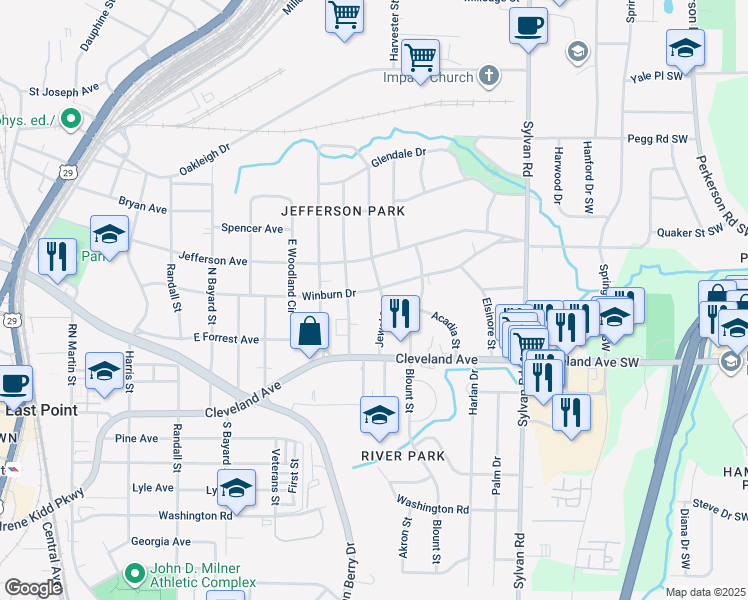 map of restaurants, bars, coffee shops, grocery stores, and more near 1095 Winburn Drive in East Point