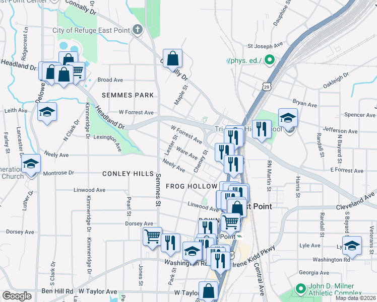 map of restaurants, bars, coffee shops, grocery stores, and more near 2611 Oak Street in Atlanta