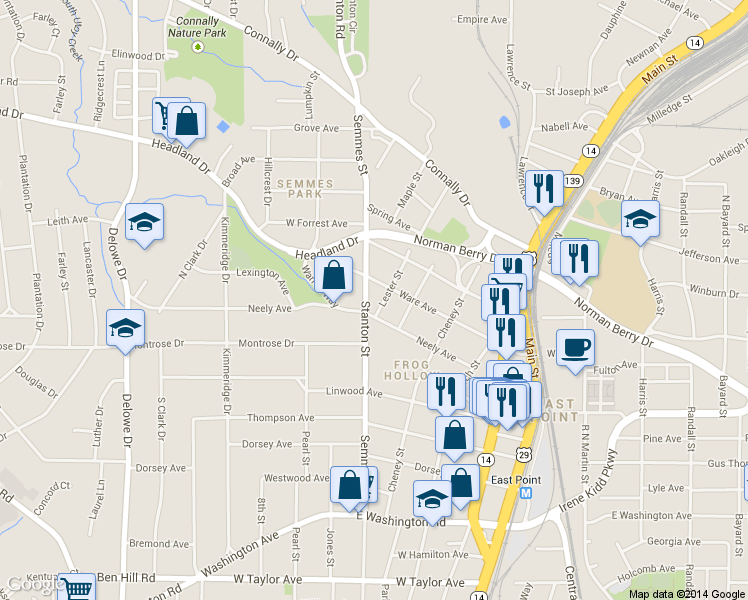 map of restaurants, bars, coffee shops, grocery stores, and more near 2637 Lester Street in Atlanta