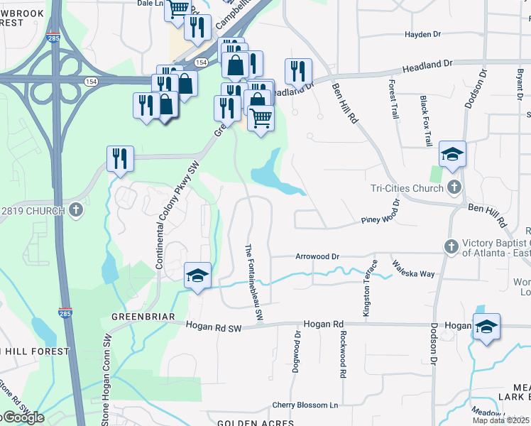 map of restaurants, bars, coffee shops, grocery stores, and more near 2641 Black Forest Trail Southwest in Atlanta