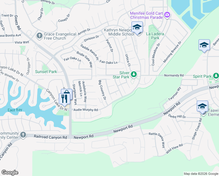 map of restaurants, bars, coffee shops, grocery stores, and more near 30076 Old Mill Road in Menifee